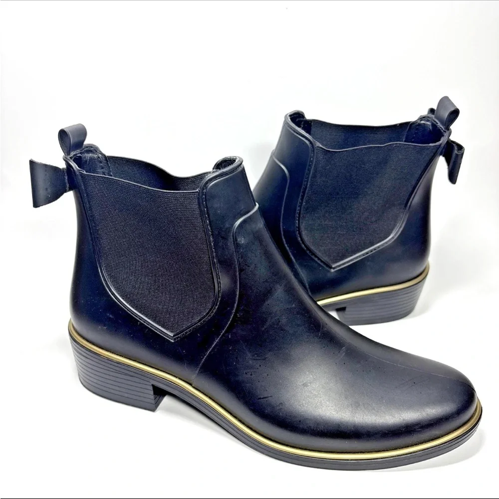 Kate Spade Rain Boots 10 Black Rubber  Bow Accents pull on ankle Edimburg